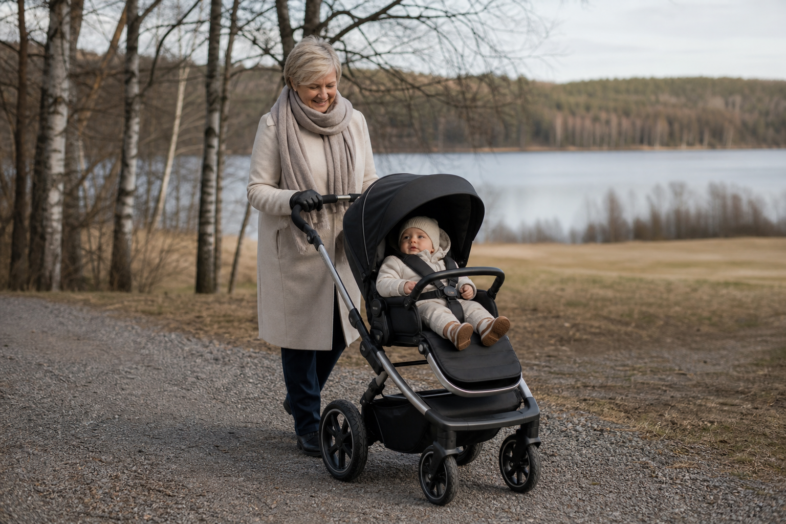 Old Woman with Baby in Stroller on Finnish Landscape
