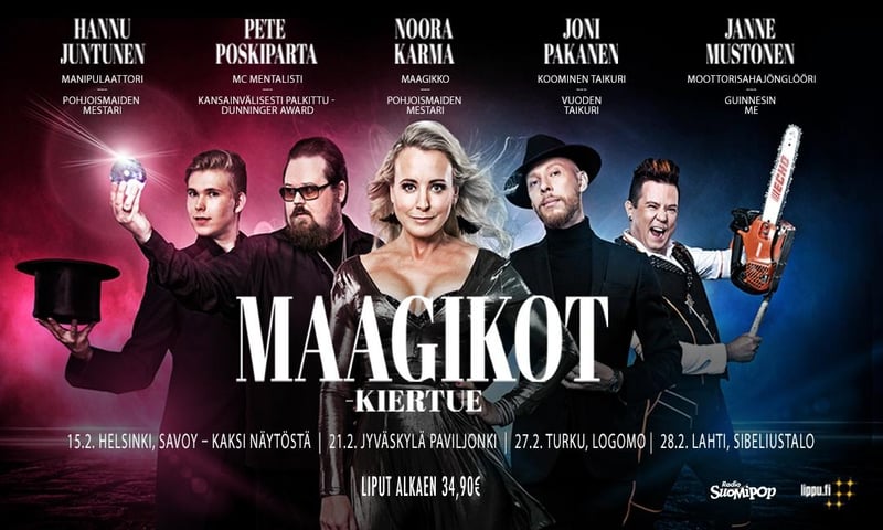 Kuvassa esityksessä esiintyvät taiteilijat Hannu Juntunen, Pete Poskiparta, Noora Karma, Joni Pakanen ja Janne Mustonen. 